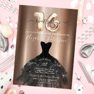 Invitación Elegante Dress Negro Dulce metálico 16 Fiesta