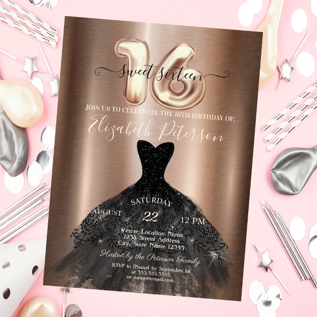 Invitación Elegante Dress Negro Dulce metálico 16 Fiesta (Subido por el creador)