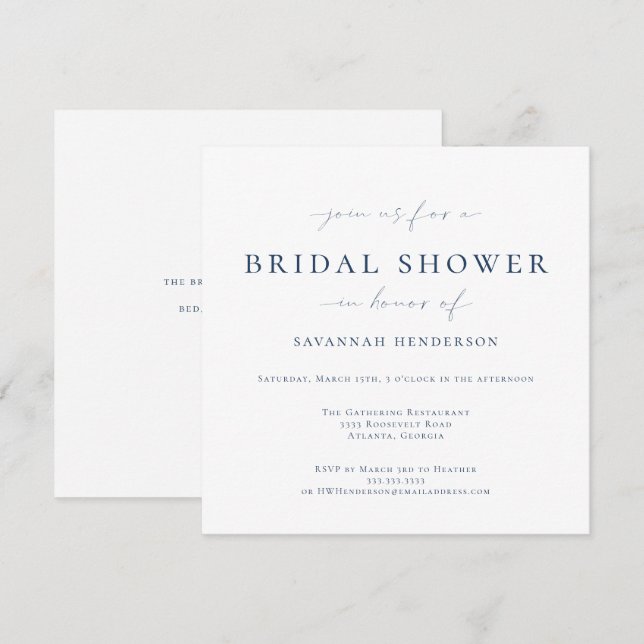 Invitación Elegante ducha azul clásica de novia (Anverso / Reverso)
