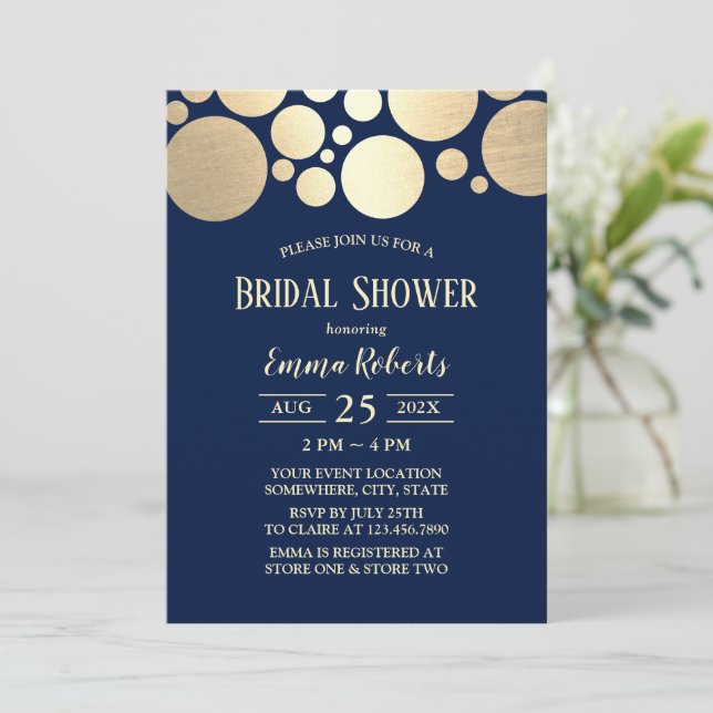 Invitación Elegante ducha azul de novia de la Marina de Polka (Anverso de pie)