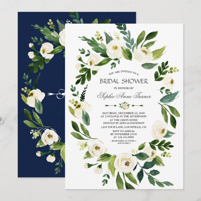 Invitación Elegante ducha azul de novia de la Marina Floral B (Anverso / Reverso)