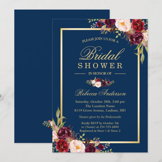 Invitación Elegante ducha azul de novia de la Marina Floral d (Anverso / Reverso)