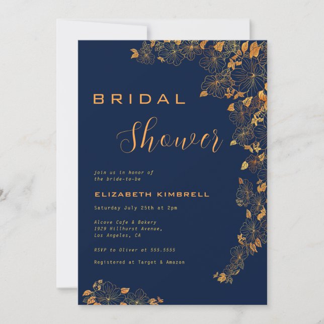 Invitación Elegante ducha azul de novia de la Marina Floral d (Anverso)