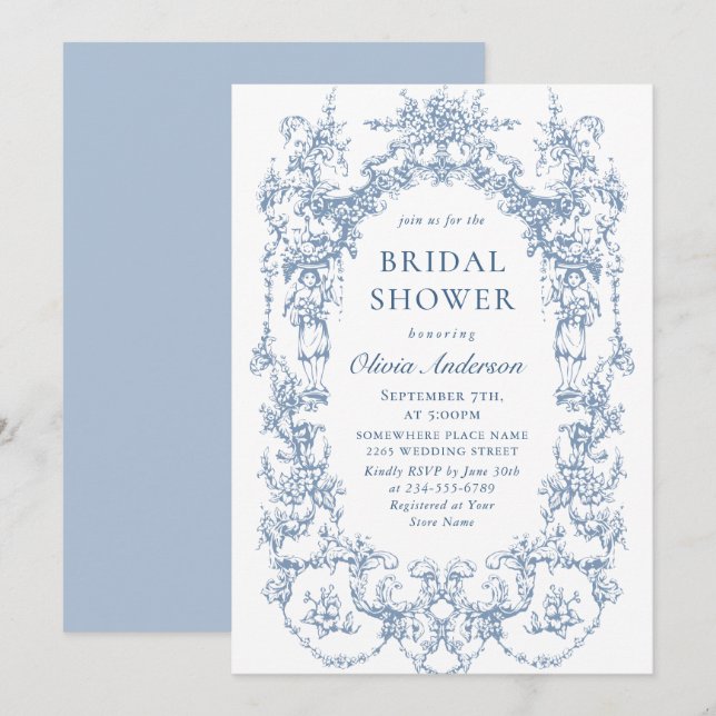 Invitación Elegante ducha azul de novia ornada victoriana (Anverso / Reverso)