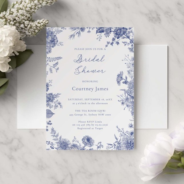 Invitación Elegante ducha azul de novia toile (Subido por el creador)