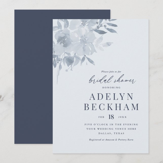 Invitación Elegante Ducha Azul Floral Bridal (Anverso / Reverso)