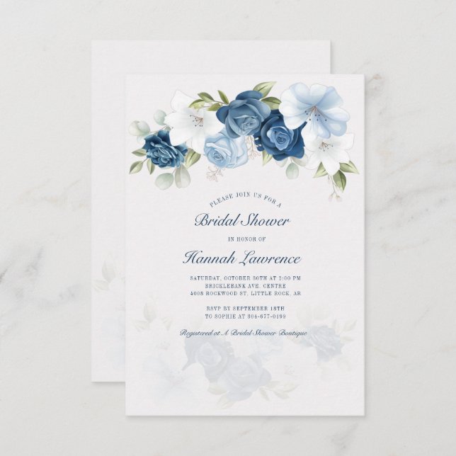 Invitación Elegante Ducha Azul Floral Bridal (Anverso / Reverso)