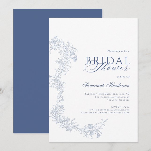 Invitación Elegante Ducha Azul Floral Bridal (Anverso / Reverso)