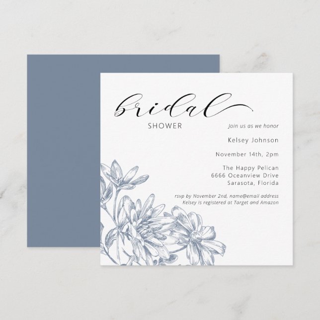 Invitación Elegante Ducha Azul Floral Bridal (Anverso / Reverso)
