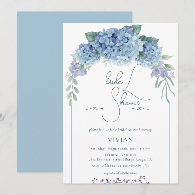 Invitación Elegante Ducha Azul Floral Bridal (Anverso / Reverso)