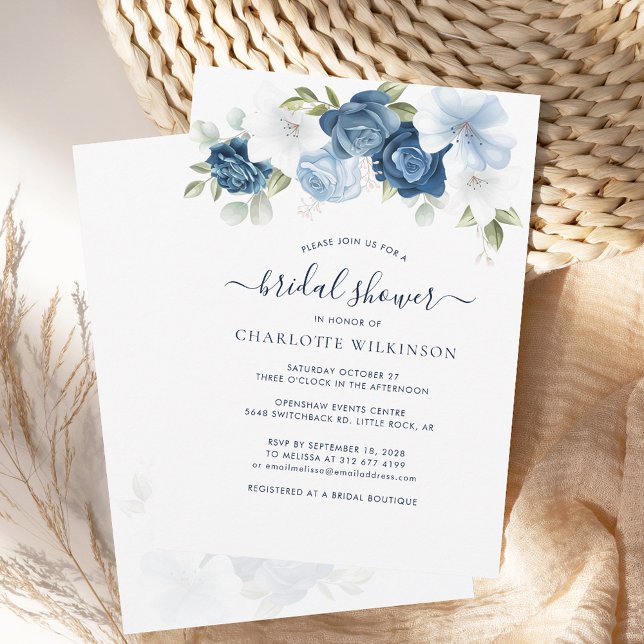 Invitación Elegante Ducha Azul Floral Bridal (Floral Dusty Blue Script Botanical Bridal Shower Invitation)