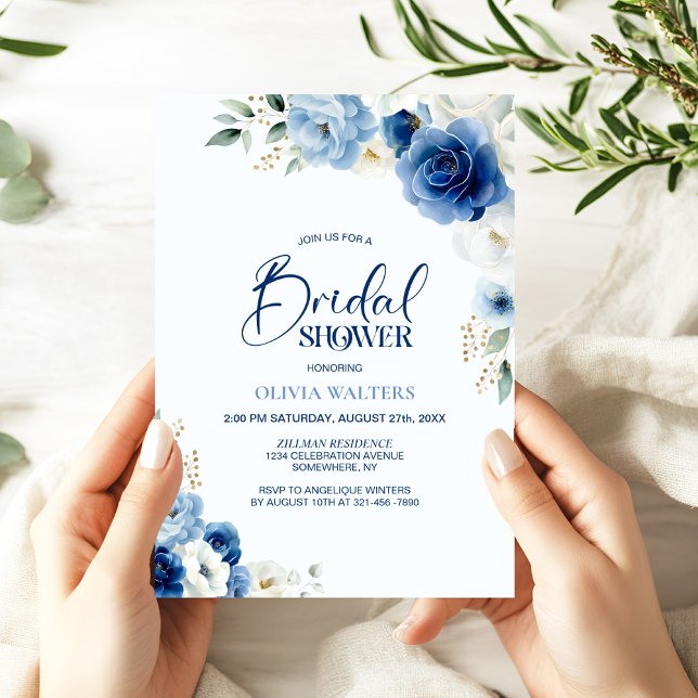 Invitación Elegante ducha azul floral de novia (Subido por el creador)