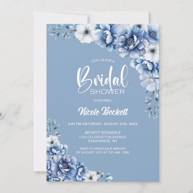 Invitación Elegante ducha azul floral de novia (Anverso)