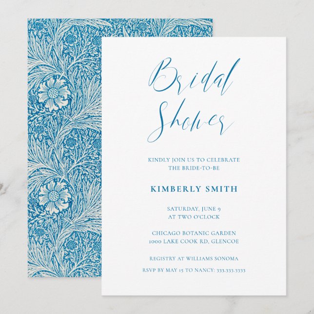 Invitación Elegante ducha azul floral William Morris Bridal (Anverso / Reverso)