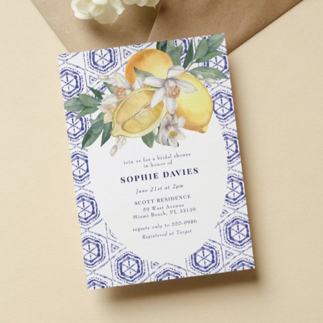 Invitación Elegante ducha azul mediterráneo limón de novia (Subido por el creador)