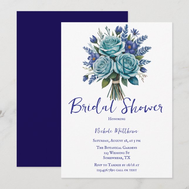 Invitación Elegante ducha azul turquesa floral nupcial (Anverso / Reverso)