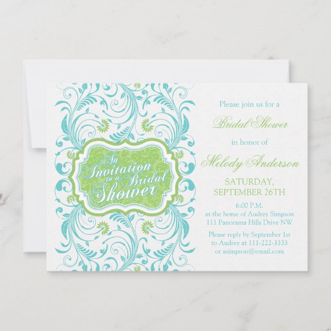 Invitación Elegante ducha azul turquesa verde azul floral nov (Anverso)