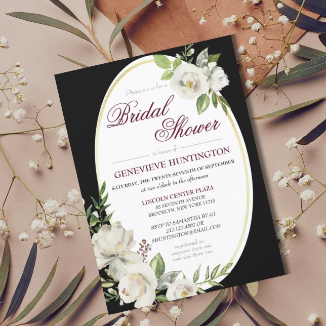 Invitación Elegante ducha Boho Black Floral Gold Bridal (Elegant Black White Floral Bridal Shower Invitation Postcard
)