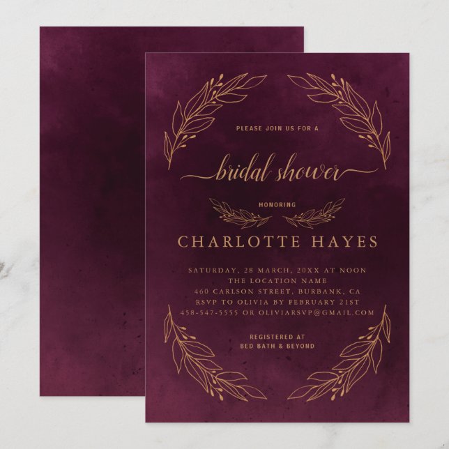 Invitación Elegante Ducha Borgoña Roja Y Dorada De Novias (Anverso / Reverso)