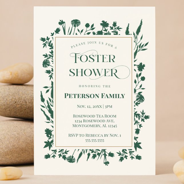 Invitación Elegante Ducha Botánica Verde Para El Cuidado De L (Forest Green botanical wildflower foster care baby shower invitation customizable Registry QR code )
