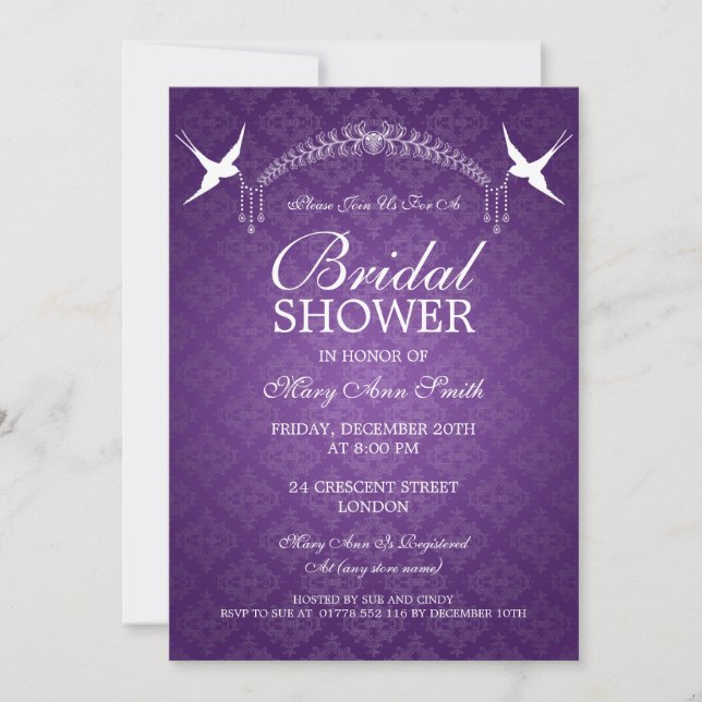 Invitación Elegante Ducha Bridal Aves y Diamantes Púrpura (Anverso)
