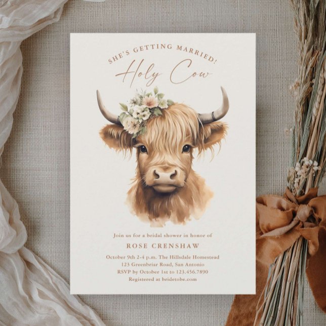 Invitación Elegante Ducha Bridal Boho Highland Cow (Elegant boho highland cow wedding bridal shower invitations.)