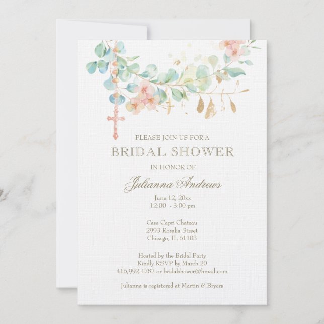 Invitación Elegante Ducha Bridal Católica Eucalyptus (Anverso)