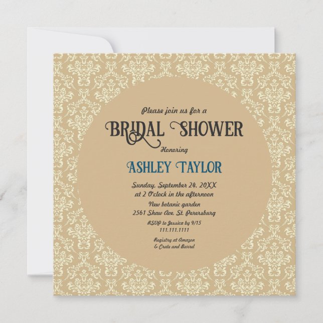 Invitación Elegante Ducha Bridal Damask Moderna De Mediados D (Anverso)