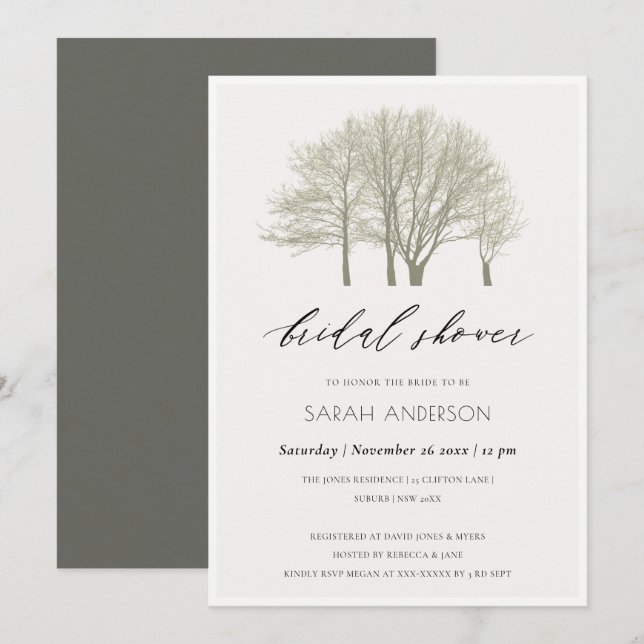 INVITACIÓN ELEGANTE DUCHA BRIDAL DE ÁRBOLES DE ORO GRIS EN OT (Anverso / Reverso)