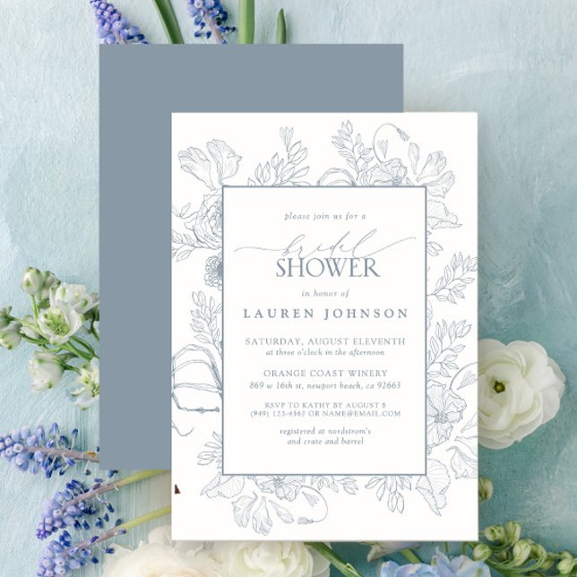 Invitación Elegante Ducha Bridal De Arte De Línea Floral Azul (Bridal Shower Invitation)