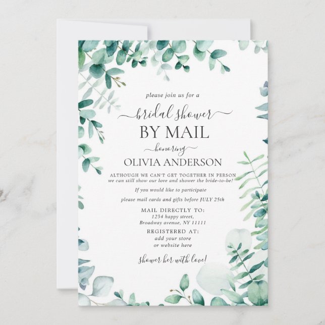 Invitación Elegante Ducha Bridal De Eucalipto Azul Por Correo (Anverso)