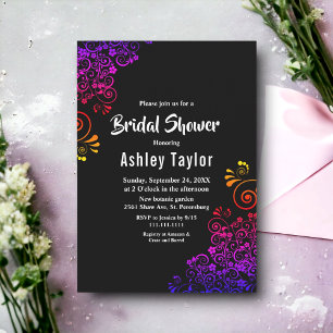 Invitación Elegante Ducha Bridal De Neón Floral Negra Y Blanc
