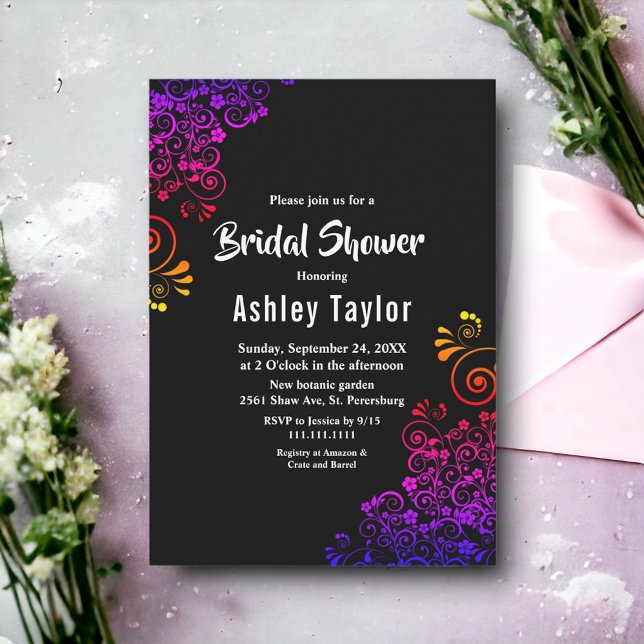 Invitación Elegante Ducha Bridal De Neón Floral Negra Y Blanc (Subido por el creador)