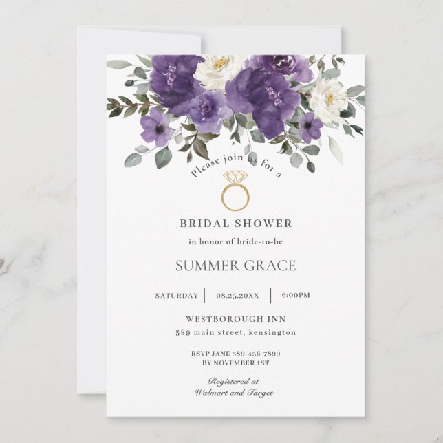 Invitación Elegante Ducha Bridal De Ring Floral Oscura Púrpur (Anverso)