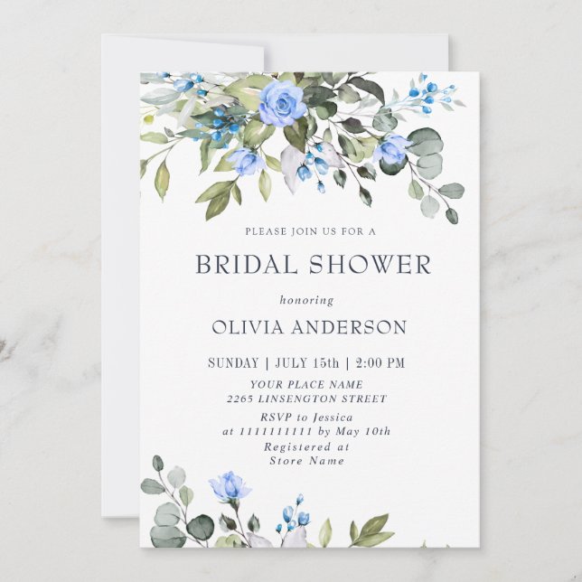 Invitación Elegante DUCHA BRIDAL de Rosas azules Eucalyptus (Anverso)