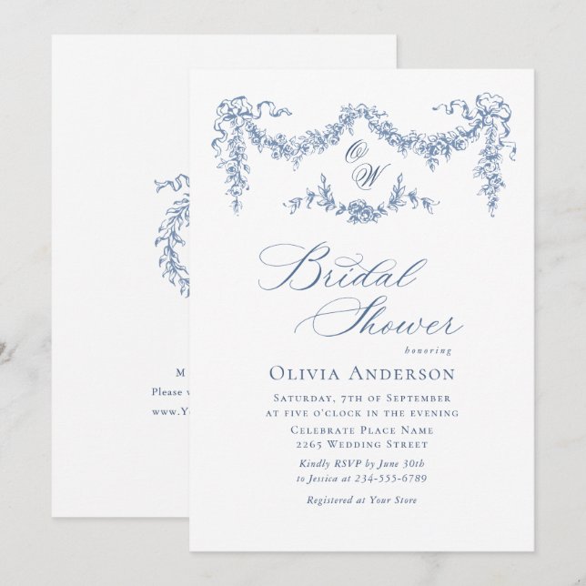 Invitación Elegante DUCHA BRIDAL DEL Jardín de tela azul fran (Anverso / Reverso)