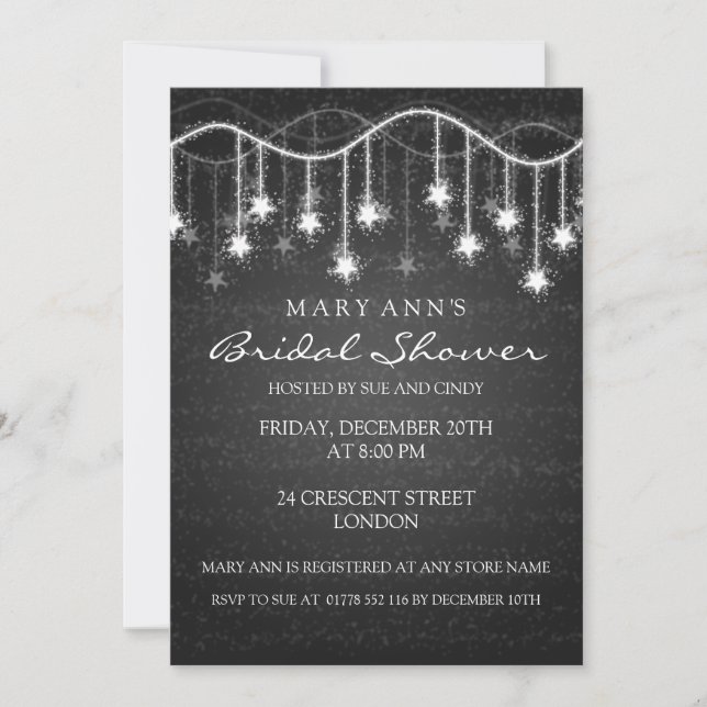Invitación Elegante Ducha Bridal Estrellas Negro (Anverso)