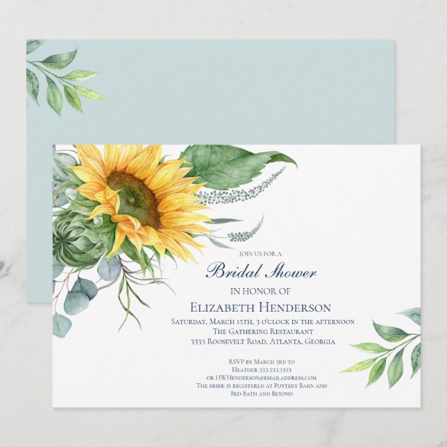 Invitación Elegante Ducha Bridal Eucalyptus Sunflower (Anverso / Reverso)