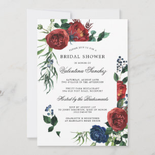 Invitación Elegante Ducha Bridal Floral Azul Borgoña Rojo Azu