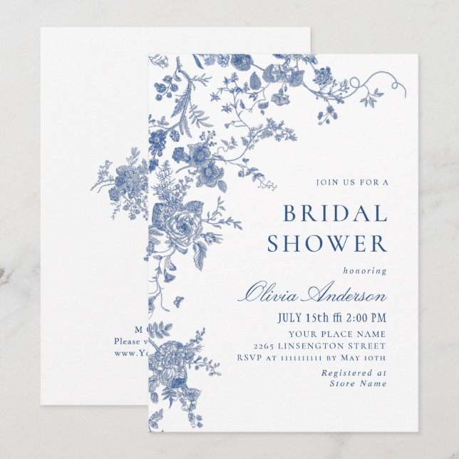 Invitación Elegante DUCHA BRIDAL floral azul victoriano (Anverso / Reverso)