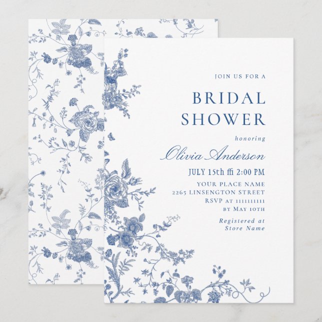 Invitación Elegante DUCHA BRIDAL floral azul victoriano (Anverso / Reverso)