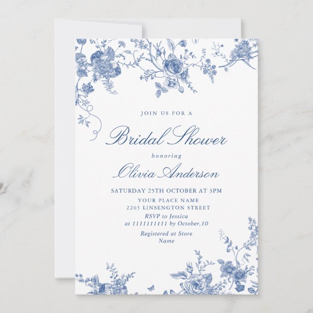 Invitación Elegante DUCHA BRIDAL floral azul victoriano (Anverso)
