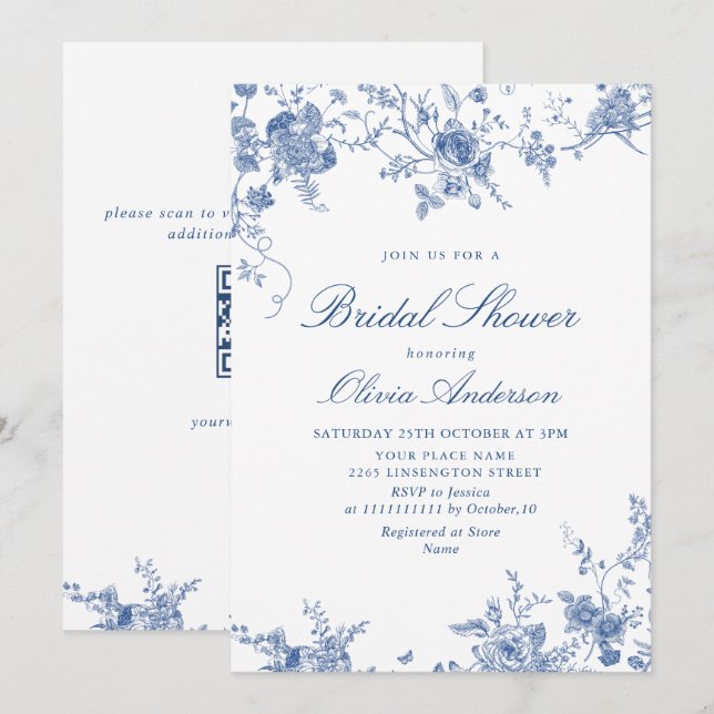 Invitación Elegante DUCHA BRIDAL floral azul victoriano (Anverso / Reverso)