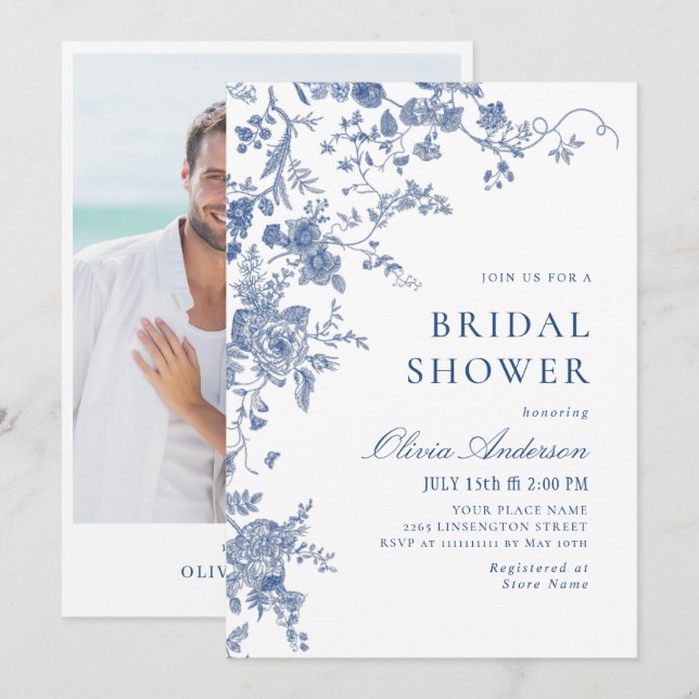 Invitación Elegante DUCHA BRIDAL floral azul victoriano (Anverso / Reverso)