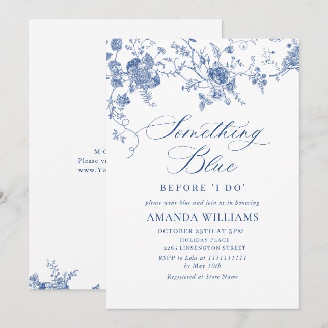 Invitación Elegante DUCHA BRIDAL floral azul victoriano (Anverso / Reverso)