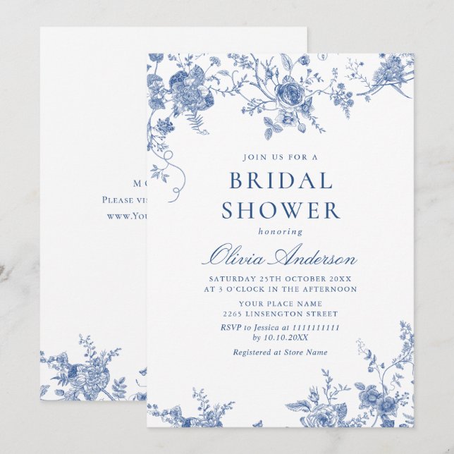 Invitación Elegante DUCHA BRIDAL floral azul victoriano (Anverso / Reverso)