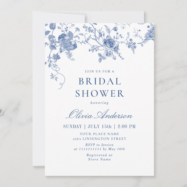 Invitación Elegante DUCHA BRIDAL floral azul victoriano (Anverso)