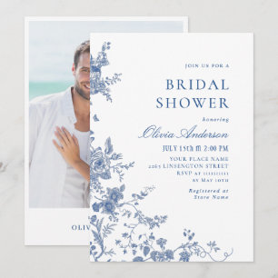 Invitación Elegante DUCHA BRIDAL floral azul victoriano