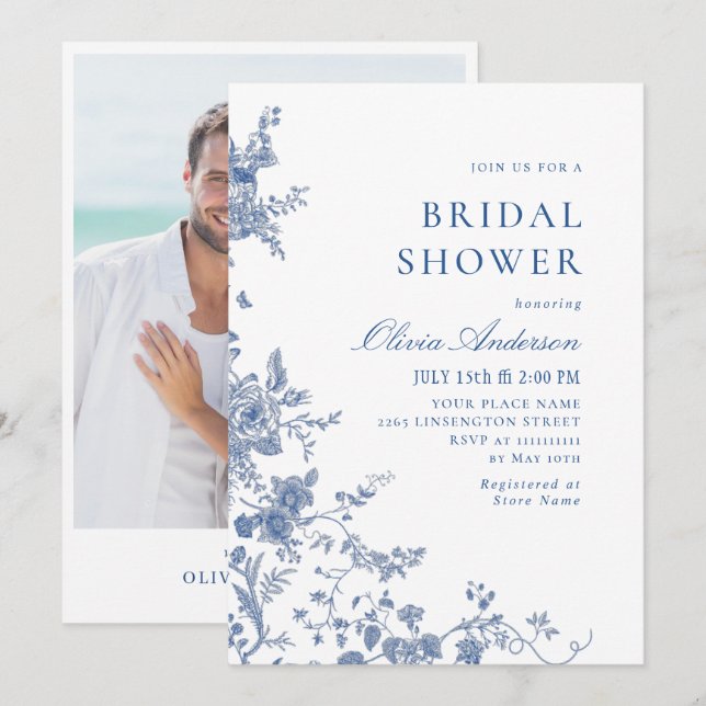 Invitación Elegante DUCHA BRIDAL floral azul victoriano (Anverso / Reverso)