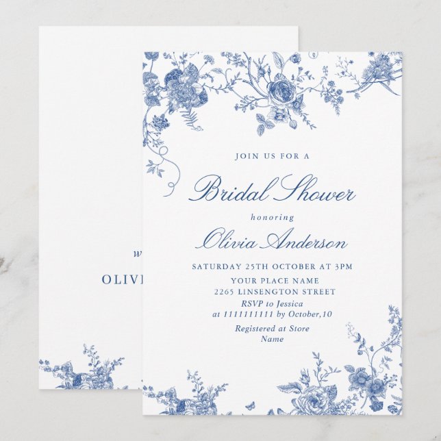 Invitación Elegante DUCHA BRIDAL floral azul victoriano (Anverso / Reverso)